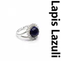 Elegant silver adjustable ring with round lapis lazuli and pavé zircon stones - Lapis Lazuli