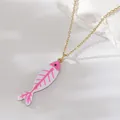 Dainty gold stainless steel necklace with a pink and white enamel fish bone pendant - Pink (NAF09-1)