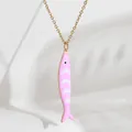 Fashionable gold stainless steel necklace featuring a cute pink striped fish enamel pendant - Light Pink White Striped