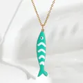 Gold stainless steel necklace featuring a vibrant green striped fish enamel pendant. - Green White Striped