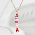 Minimalist red and white striped fish enamel pendant necklace in gold stainless steel - Red and White Striped