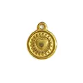18K gold plated stainless steel round pendant with central heart and sunburst texture - Heart Sunburst Disc Style (HY-843)