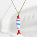 Charming stainless steel small striped fish pendant necklace with white and blue enamel - Red Blue White Striped