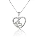 Detail of silver heart necklace featuring stone-encrusted dog pendant and box chain - Dog
