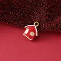 Red enamel house charm pendant in 18K gold plated stainless steel for DIY jewelry - Christmas Small House / 16.7mmx14mmx5.3mm