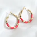 Vibrant red enamel and 18K gold-plated stainless steel bamboo hoop earrings for women - Red