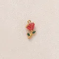 Elegant stainless steel red rose pendant charm with green enamel leaves for DIY jewelry - Red Rose Bud Pendant