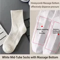 White mid-calf crew socks with breathable honeycomb massage sole for men's daily wear - Crew Massage Bottom / White