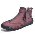 Men's brown outdoor leather Martin short boots with side zipper and hand-stitched flat sole - 38 / Wine Red Casual Short Boots (2639) / Burgundy