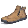 Brown hand-stitched leather Martin boots for men with side zipper closure - 38 / Yellow Brown Casual Short Boots (2639) / Yellow Brown