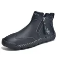 Men's casual black leather ankle boots featuring side zipper and hand-stitched sole - 38 / Black Casual Short Boots (2639) / Black