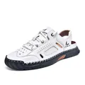 White men's breathable hollow-out sandals with hand-stitched details and thick sole - 38 / White