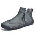 Hand-stitched men's outdoor casual ankle boots in blue-grey with side zipper detail - Green