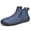 Men's blue leisure martin boots with handmade stitching and side zipper detail - Blue