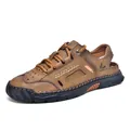 Classic brown hand-stitched breathable closed-toe outdoor leather sandals for men - 38 / Tan