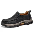 Men's black outdoor casual leather slip-on shoes with durable rubber sole - 38 / Black