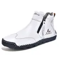 White leather men's outdoor casual short boots with side zipper and hand-stitched sole - White