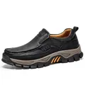 Durable men's outdoor casual leather shoes in classic black leather finish - 38 / Black