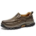 Durable men's outdoor leather hiking shoes in dark brown with anti-slip thick rubber sole - 38 / Khaki