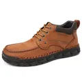 Classic men's brown leather Martin boots featuring hand-stitched casual work design - 38 / Yellow Brown