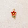 Detailed red flower drip oil charm with gold edges and green leaves for DIY jewelry making - Red Little Daisy Pendant
