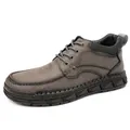 Men's greyish-brown faux leather casual work boots featuring hand-stitched details and rubber sole - 38 / Gray (kht3022)