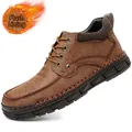 Classic men's brown hand-stitched leather work boots with warm fleece lining for winter - 38 / Khaki (Fleece Lined)(kht3022)