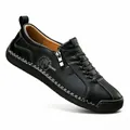 Classic black handmade stitched flat casual shoes featuring decorative zipper and wolf logo - 36 / Black