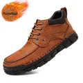Men's brown leather Martin boots with warm fleece lining and hand-stitched sole - 38 / Fleece Lined Style / Yellow Brown