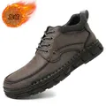 Warm fleece-lined men's dark grey leather Martin boots featuring hand-stitched details - 38 / Gray (Fleece Lined)(kht3022)