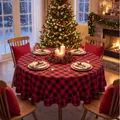 Festlicher runder Tischläufer mit rot-schwarzem Karomuster und Rüschenrand für Weihnachten - 90cm Rund / Rot & Schwarz Gingham Rüsche