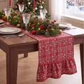 Detailed view of red plaid Christmas table runner with elegant ruffle hem decoration - Double Ended Ruffles / 33x122cm / Snowflake Heart Plaid Red