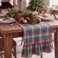 Close-up detail of a festive red and green plaid table runner with ruffled hem for Christmas. - Double Ended Ruffles / 33x122cm / Green Checkered