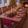 Close-up of red and green plaid table runner with ruffled edges in a festive Christmas setting - Double Ended Ruffles / 33x122cm / Red Sandwich Plaid