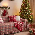 Festive red plaid Christmas sofa throw with ruffles and snowflake patterned pillows - 140x180cm / Coffee Red Woven Grid Ruffle
