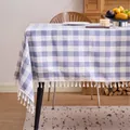 Blue and white checkered cotton linen tablecloth with elegant white tassel fringe details - 60x60cm / Blue and White Plaid (With Tassels)