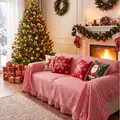 Red checkered Christmas sofa cover with ruffled hem shown in festive living room set - 140x180cm / Red and White Plaid with Blue Bow Print and Ruffles