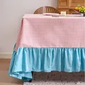 Large pink checkered tablecloth with blue ruffles for dining tables and outdoor use - 120cm Round / Pink Gingham with Sky Blue Ruffle