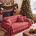 Festive red plaid Christmas sofa cover with ruffled edges and matching throw pillows - Woolen Red Plaid Ruffle