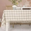 Beige and white checkered cotton linen tablecloth with elegant white tassel fringe detail - 140x260cm / Beige Plaid (With Tassels)