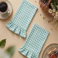 Set of two green gingham cotton hand towels with decorative ruffled edges for kitchen - 2PCS / Bean Green Checkerboard