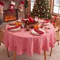 Rote und weiße Gingham-Weihnachtstischdecke mit blauen Schneeflocken und Rüschenrand - 90cm Rund / Rot-weißes Karomuster mit blauem Schleifendruck und Volants