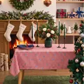 Festive red and white gingham Christmas tablecloth featuring delicate blue bow prints - Red/White Plaid with Blue Bow Print (Without Lace) / 60x60cm