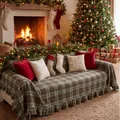 Festive Christmas checkered sofa cover with elegant ruffle edge in cozy fireplace setting - 毛呢绿咖格荷叶边