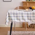 Blue and white checkered cotton linen tablecloth with elegant white tassel trim decor - 60x60cm / Medium Blue Plaid (With Tassels)
