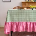 Large round green checkered tablecloth with pink ruffled hem for home or outdoor - 120cm Round / Green Gingham with Pink Ruffle