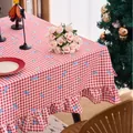 Red and white gingham Christmas tablecloth with blue bows and ruffled edges. - 90-90 / Red and White Plaid with Blue Bow Print and Ruffles
