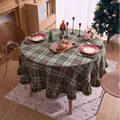 Elegante runde Weihnachts-Tischdecke mit grün-braunem Karomuster und dekorativem Rüschensaum - 90cm Rund / Wollgrüne Kaffee-Gitter Rüsche