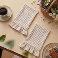 Two-piece set of beige gingham cotton hand towels with decorative ruffle edges for home decor - 2PCS / Beige Plaid