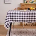 Rectangular black and white checkered cotton linen tablecloth featuring decorative white tassels - 60x60cm / Black and White Plaid (With Tassels)
